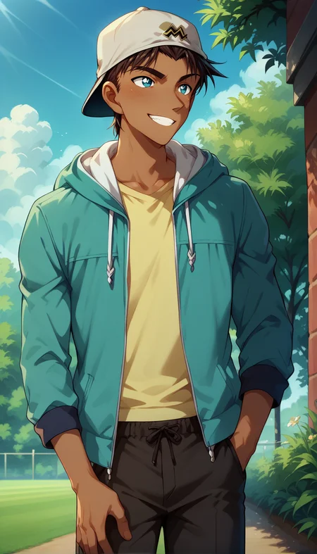 score_9, score_8_up, score_7_up score_9,score_8_up,score_7_up,source_anime,rating_explicit,uncensored,good shading,countershading,detailed background,intricately detailed illustration,
1boy,solo,male focus,<lora:Hattori_Heiji:0.9>,heijihattori,dark skin,blue eyes,dark brown hair,short hair,smile,kind_smile,
baseball cap,pectorals,hoodie,pants,
outdoors,sky,bluesky,
<lora:Expressive_H:0.8>,Expressiveh,