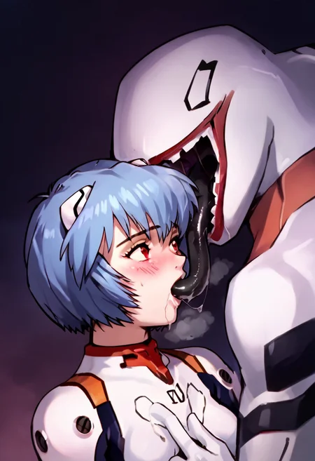 score_9, score_8_up, score_7_up, source_cartoon BREAK 1girl, arei ayanami, ayanami rei, blue hair, short hair, red eyes,, looking at another, upper body, female blush, saliva trail, kiss, tongue suck, heavy breathing, bodysuit, headgear, plugsuit, white bodysuit,, hetero, 1monster, masprodeva1, monster tongue, forced kiss, mouth closed, female mouth filled, hetero, monster tongue, <lora:Monster_tongue_kiss:1>, rating_questionable