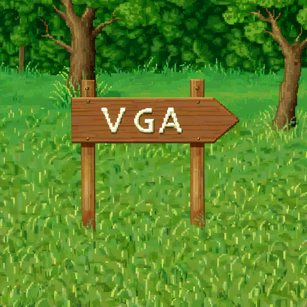 dosvga style,  a wooden  sign in a filed  with text "VGA" in it <lora:dosvgaSDXLv4.1-000015:1>