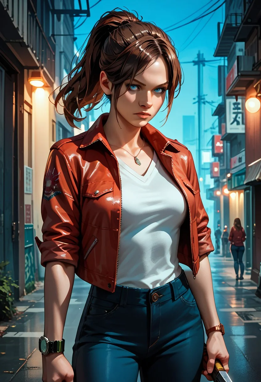 score_9,score_8_up,score_7_up,source_anime, Claire Redfield,1girl,solo,blue eyes,shirt,brown hair,jewelry,jacket,ponytail,weapon,mole,bracelet,sleeves rolled up,watch,realistic,wristwatch,