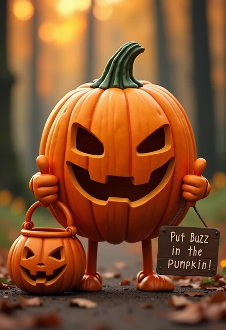 close up cinematic photo, a pumpkin with arms and legs, happy pumpkin facial expression, holding a pumpkin shaped bucket with a sign on it saying ''Put Buzz In The Pumpkin Bucket!'', thumbs up, evening, woods, highly detailed, illustration, high quality, clear, 4k,