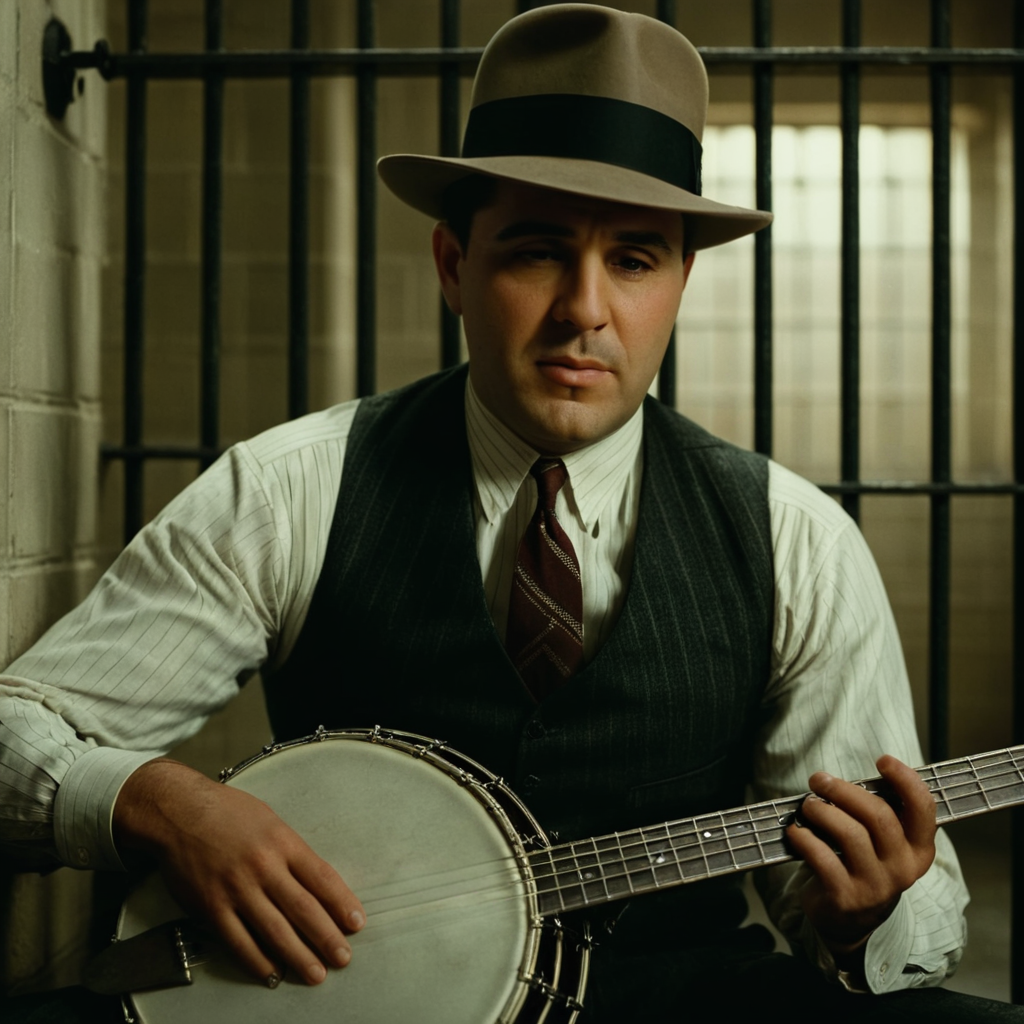 cinematic film still of  <lora:1930's style:1>
In the 1930's Al Capone a man sitting in a jail cell with a banjo,solo,1boy,sitting,male focus,instrument,realistic,music,playing instrument,realistic,realism,perfection,perfect,filmic,retro,vintage,classic,different haircut,different look,different style,1930's style , 1930 style, shallow depth of field, vignette, highly detailed, high budget, bokeh, cinemascope, moody, epic, gorgeous, film grain, grainy