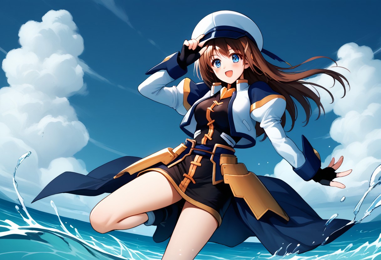 score_9, score_8_up, score_7_up, source_anime, good anatomy, 1girl, solo, HayateYagami, brown hair, long hair, x hair ornament, blue eyes, black dress with gold trim, short dress, fingerless gloves, faulds, puffy sleeves, juliet sleeves, cropped jacket, open jacket, waist cape, white and navy blue jacket, bare legs, hand on hat, smiling, open mouth, blushing, leg up, standing, on one leg, in water, splashing, ocean, blue sky, clouds