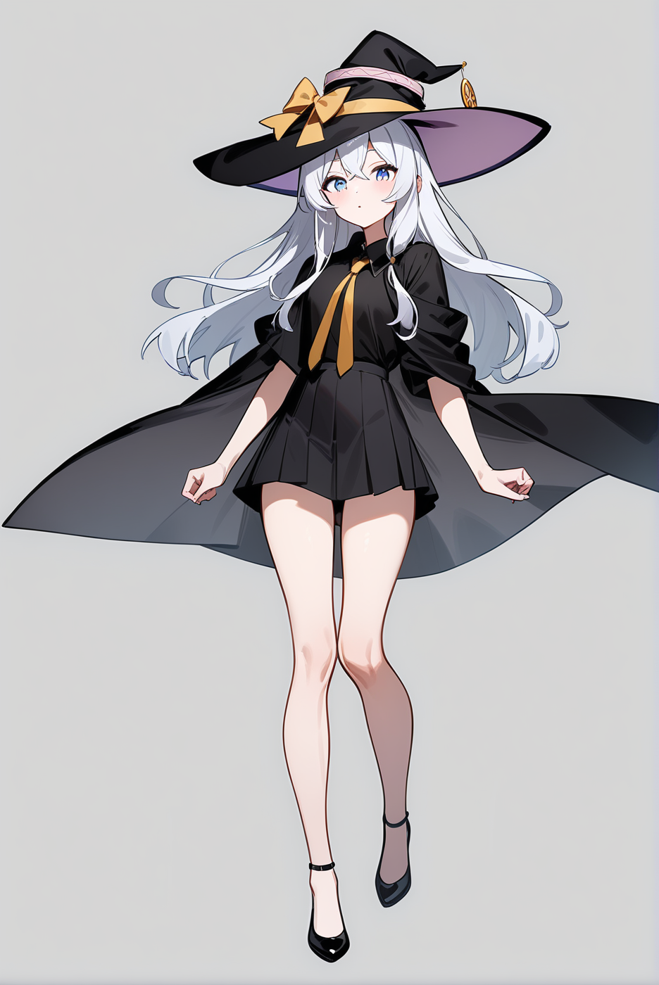 witch hat dress shirt black skirt black robe yellow ribbon, mm-elaina, ahoge, 1girl, solo, skinny, masterpiece, absurdres, high quality, highres, best quality, (full body:1.20), recent <lora:mm-elaina-V02-000003:1.0>