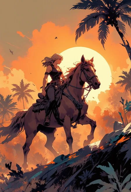 Mh1$AgThS2, intricate linework with expressive contrasts, soft lighting with dynamic highlights, blonde woman riding a horse through jungle terrain, silhouetted, sunset. Impressionistic, ligne claire outlines for clarity and structure, In the style of ff-td