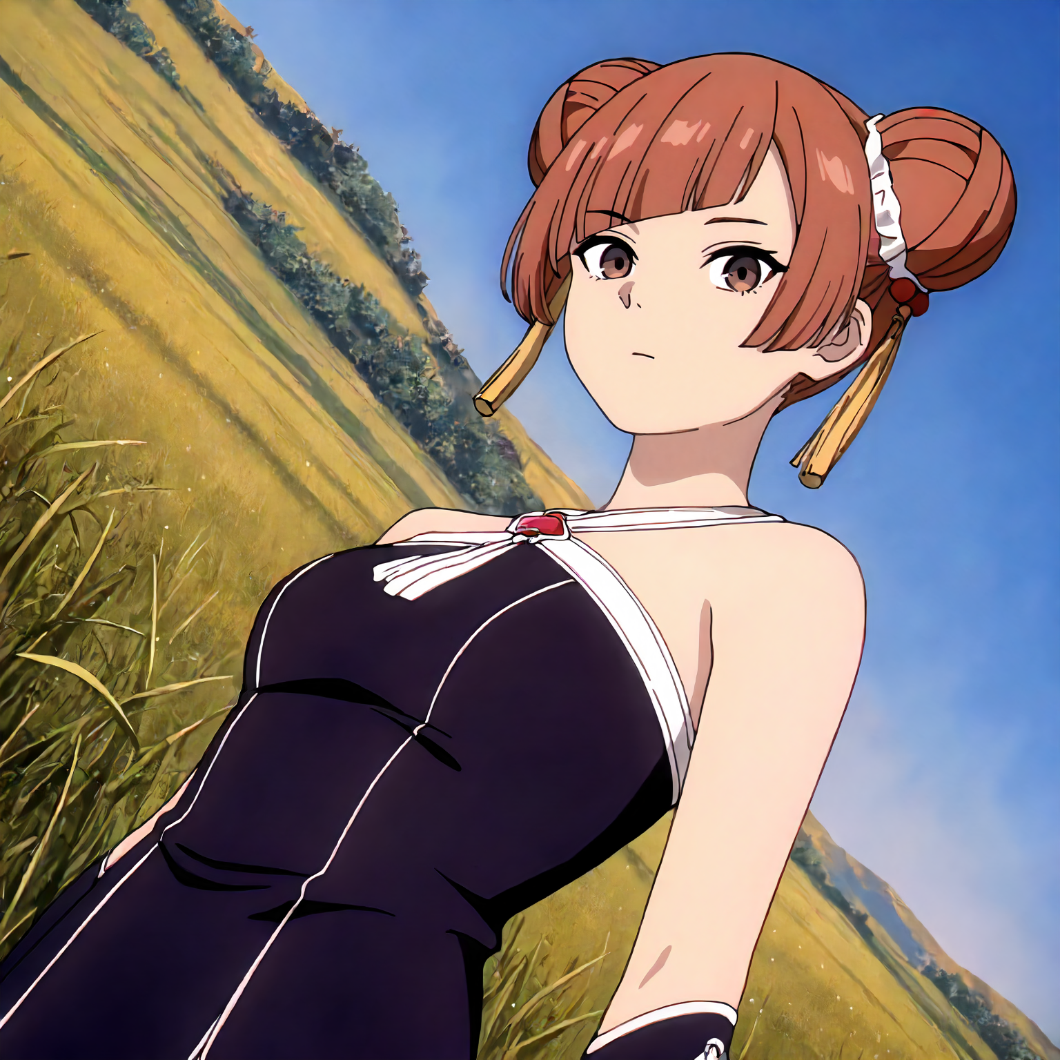 <lora:FBJE_LaufenXLIllustrious008>,
masterpiece,best quality,good quality,newest,
detailed background,grassland,blue sky,glitter,
looking at viewer,
solo,
Laufen,1girl,brown hair,short hair,double bun,brown eyes,yellow hairornament,
black dress,bare shoulders,
upper body,
standing,