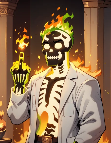 male, skeleton, glowing skin, green fire, solo, hand on fire, labcoat, hand up, showing middle finger <lora:Dr._Phosporus:0.8> drphosporus, score_9, score_8_up, score_7_up, score_6_up, 2d, digital art, masterpiece <lora:Expressive_H:0.4> expressiveh <lora:princess_xl_v2:0.3> <lora:g0th1c2XLP:0.3> g0th1c