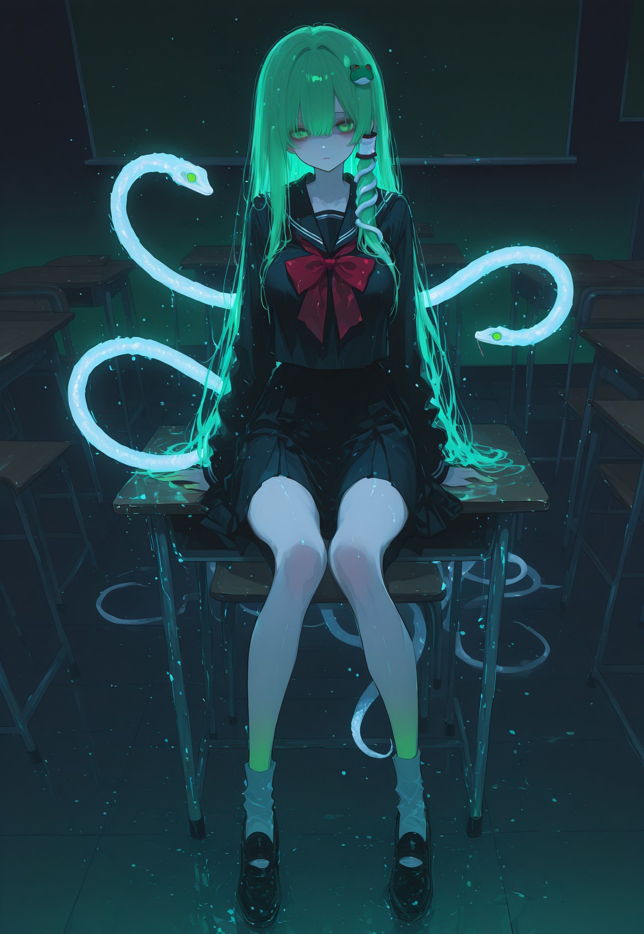 safe_pos, source_anime, high res image, masterpiece, perfect quality, best quality, absurdres, ultra detailed face, detailed eyes,
very awa,, HDR, 8k
1girl, kochiya sanae, 
green hair, long hair, green eyes, skinny, large breasts, frog hair ornament, hair tubes, white snake hair ornament,
black sailor suit, black sailor style school uniform, red bow tie, long sleeves, 
indoor, classroom, backboard,
white snakes on desk, white snakes on chair, white snakes on floor,
frogs on desk, frogs on chair, frogs on floor,
sitting on desks, looking at viewer,
raytracing, volumetric lighting, light particles, gradient color,
15546+456868, r17329_illu, xxx667_illu, glowing