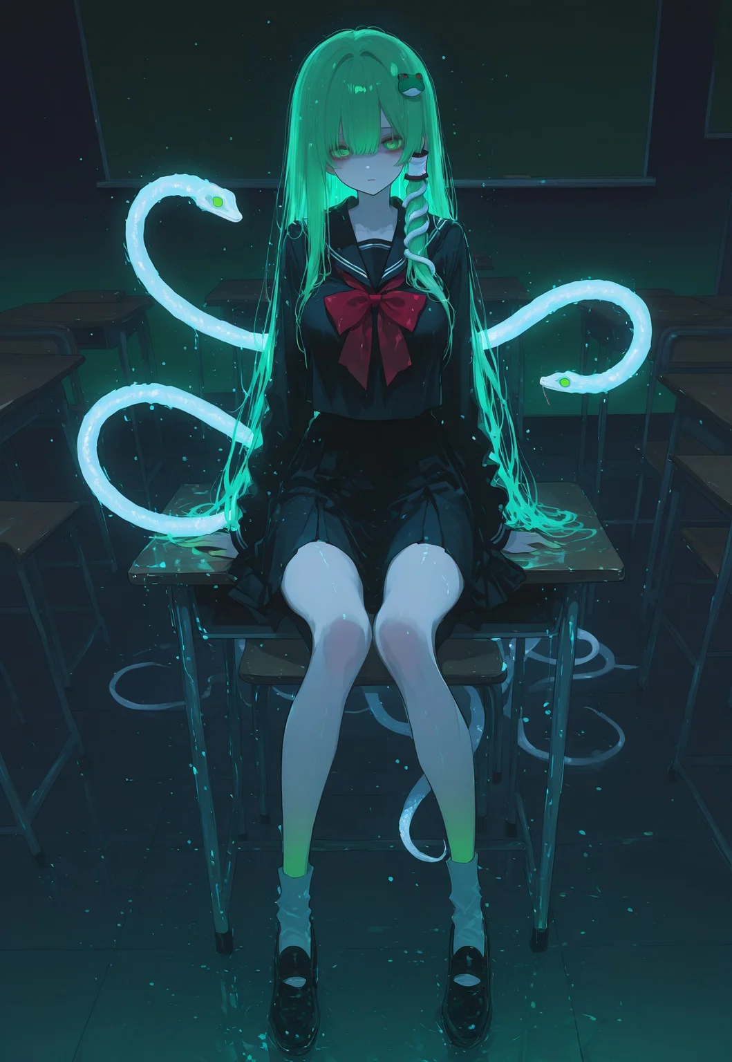 safe_pos, source_anime, high res image, masterpiece, perfect quality, best quality, absurdres, ultra detailed face, detailed eyes,
very awa,, HDR, 8k
1girl, kochiya sanae,
green hair, long hair, green eyes, skinny, large breasts, frog hair ornament, hair tubes, white snake hair ornament,
black sailor suit, black sailor style school uniform, red bow tie, long sleeves,
indoor, classroom, backboard,
white snakes on desk, white snakes on chair, white snakes on floor,
frogs on desk, frogs on chair, frogs on floor,
sitting on desks, looking at viewer,
raytracing, volumetric lighting, light particles, gradient color,
15546+456868, r17329_illu, xxx667_illu, glowing