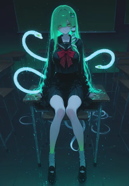safe_pos, source_anime, high res image, masterpiece, perfect quality, best quality, absurdres, ultra detailed face, detailed eyes,
very awa,, HDR, 8k
1girl, kochiya sanae, 
green hair, long hair, green eyes, skinny, large breasts, frog hair ornament, hair tubes, white snake hair ornament,
black sailor suit, black sailor style school uniform, red bow tie, long sleeves, 
indoor, classroom, backboard,
white snakes on desk, white snakes on chair, white snakes on floor,
frogs on desk, frogs on chair, frogs on floor,
sitting on desks, looking at viewer,
raytracing, volumetric lighting, light particles, gradient color,
15546+456868, r17329_illu, xxx667_illu, glowing