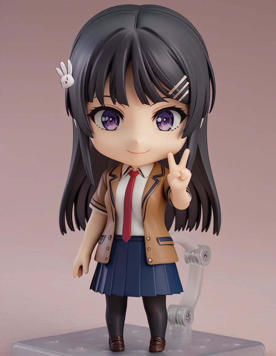 score_9, score_8_up, score_7_up, source_anime, maisakurajima, <lora:mai-sakurajima-s1-ponyxl-lora-nochekaiser:0.5> mai sakurajima, long hair, bangs, black hair, hair ornament, purple eyes, hairclip, rabbit hair ornament, medium breasts, skirt, shirt, school uniform, white shirt, short sleeves, pantyhose, pleated skirt, collared shirt, blue skirt, black pantyhose, red necktie, jacket, brown jacket,
<lora:nendoroid-figurines-ponyxl-lora-nochekaiser:1>, nendoroid, 1girl, solo, chibi, 3d, smile, v, v over eye,