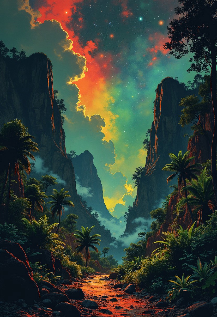 a lush tropical alien landscape, with a backdrop of a night sky background, rainbow colours, stars, nebulas