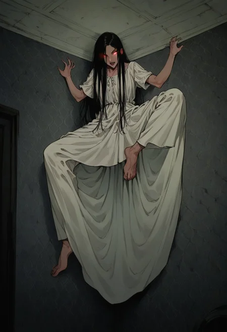 score_9, score_8_up, score_7_up, 1girl, solo, p0ssessed, ceiling, corner. wall, low angle, view from below, against wall, ghost, white dress, long hair, black hair, room, dark, low light, night, DarkFantasy, glowing eyes, barefoot, feet, sinozick style, flat color, dark theme, spread legs,