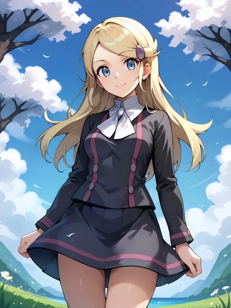 score_9, score_8_up, score_7_up, score_6_up, BREAK source_anime, best quality, masterpiece,
1girl,<lora:Acetrainer XY_PonyXL:0.8>,acetrainer xy,hairclip,white ascot,black shirt,skirt,cowboy shot,standing,smile,looking at viewer,blue sky,