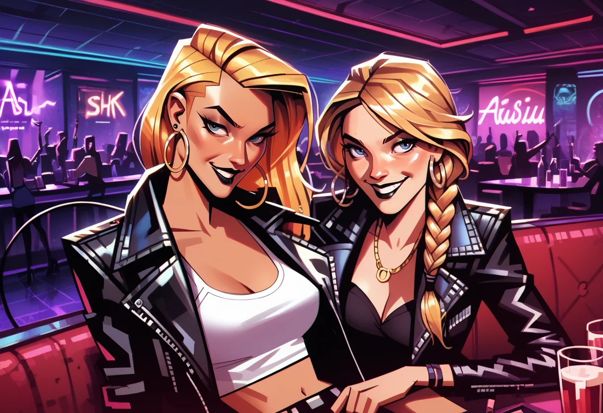 score_9, score_8_up, score_7_up, score_6_up, score_9, score_8_up, score_8, ultra-detailed, SH_Style, RobVal, multiple women, tasuki, smirk, futuristic jacket, leather jacket, black lipstick, fishtail braid, ash blonde, hair_length, nightclub, <lora:Sheeps_Styles:0.8>