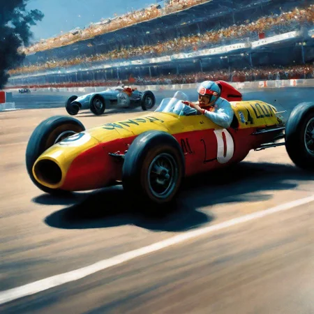 Monaco 1940s,Grand Prix,racing cars, one in front, cars behind blurred, all cars kept within frame,
frame of picture,racetrack,outdoors,
sky blue,day,motion blur to wheels, some dust, keep cars size proportionate and perspective,
facing forward, close race
cloud,tree,blue sky,_p_style, all with drivers, racing drivers, drivers heads all facing forwards, all wearing helmets,red car, blue car, yellow car, green car,ferrari,text MONACO on barriers, well drawn numbers on cars<lora:VintagePPXL:1>, (masterpiece, best quality, ultra-detailed, best shadow), high contrast, (best illumination), ((cinematic light)), colourful, hyper detail, dramatic light, intricate details, ultra detailed artistic photography, backlit, shadows, ultra high definition, 8k, ultra sharp focus, ultra high quality, soft lighting, film photography, analogue photography, hyperrealism,