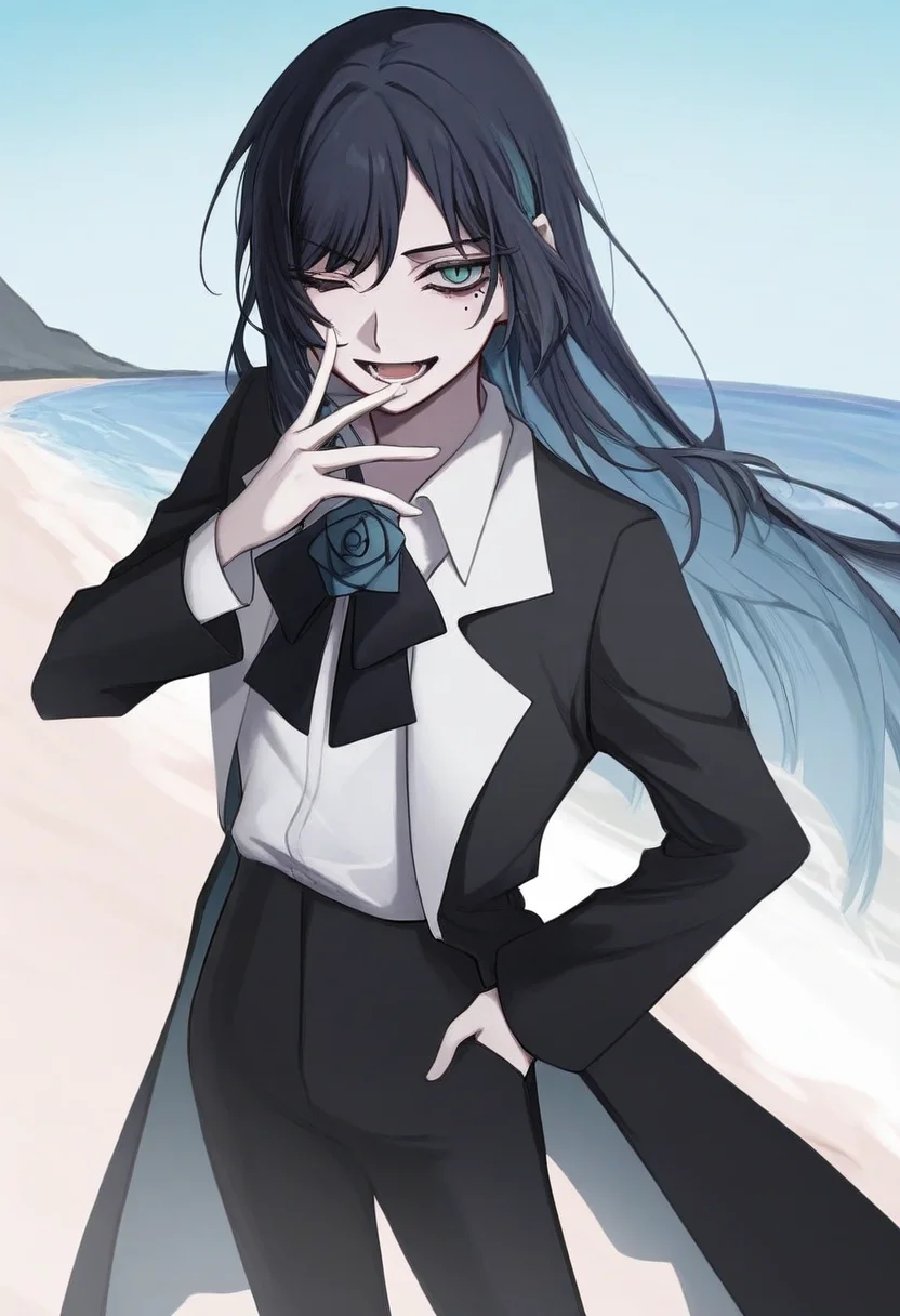 1girl, solo, chando, long hair, flower brooch, blue eyes, mole under eye, blue hair, multicolored hair, blue flower, blue rose, white shirt, collared shirt, black coat, black bowtie, black pants,
laughing, one eye closed, beach, clear skies,
, <lora:Character_Ado - Chando:0.8>
