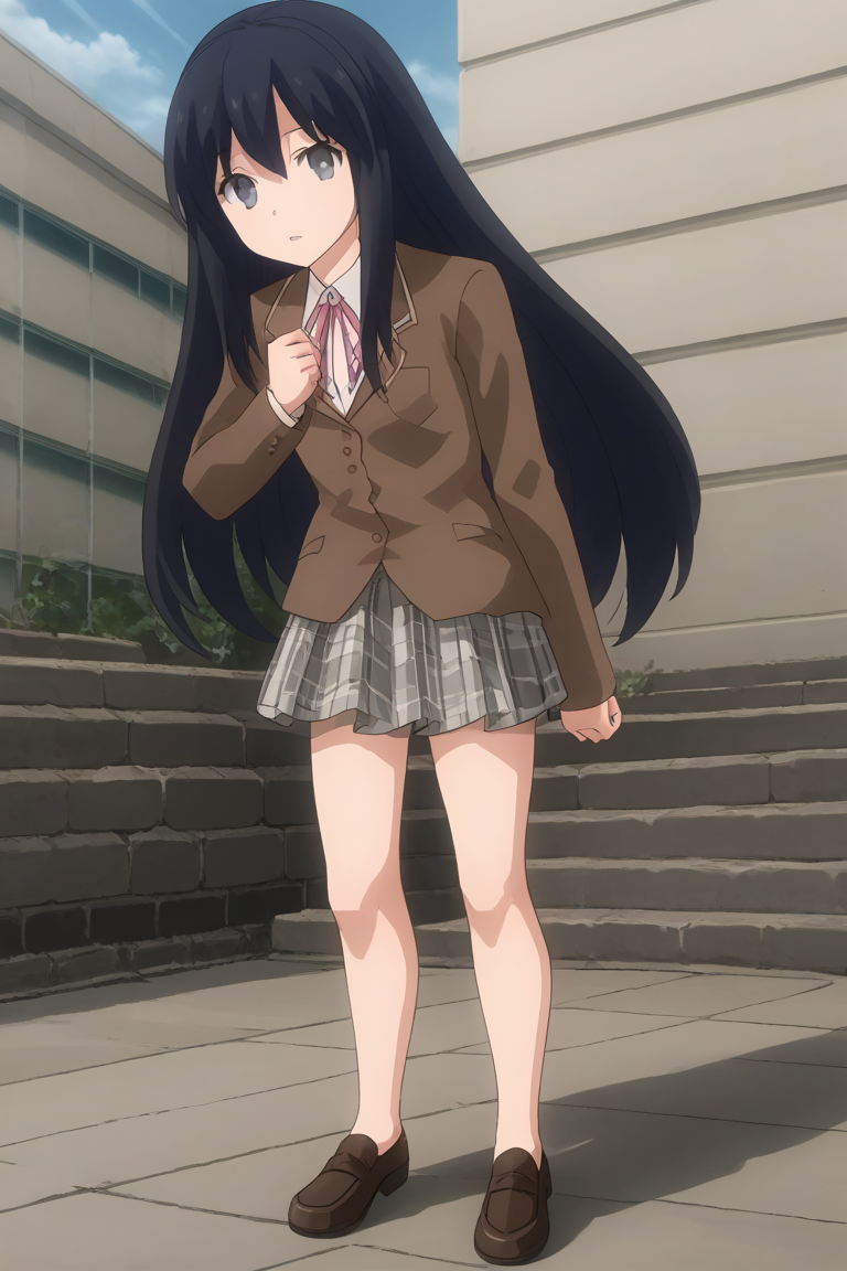 1girl, solo, alone, ayamenb, black hair, long hair, black eyes, brown blazer, white shirt, pink ribbon, neck ribbon, grey skirt, plaid skirt, footwear, brown loafers, school uniform, outdoors, school, campus, standing, full body, parted lips, looking at viewer