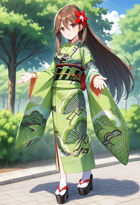 1girl, solo, standing, full body, park, <lora:KC_04AC_amagi_pony-000032:1> amagikc, brown_hair, long hair, high ponytail, wide ponytail, brown eyes, bangs, hair between eyes, hair flower, amagidefkc, green_kimono, print_kimono, wide sleeves, obi, sash, platform footwear, white socks, score_9,score_8_up, score_7_up, source_anime, masterpiece, best quality, official art, official style, game cg, megami magazine, rating_safe, rating_questionable, <lora:Fixhands_anime_bdsqlsz_V1:0.75>, NEGATIVE_HANDS