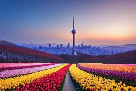 Namsan Tower made of tulips, jaynl-tm, twilight glade, detailed background, dynamic angle, wide shot, <lora:TulipMania:1>