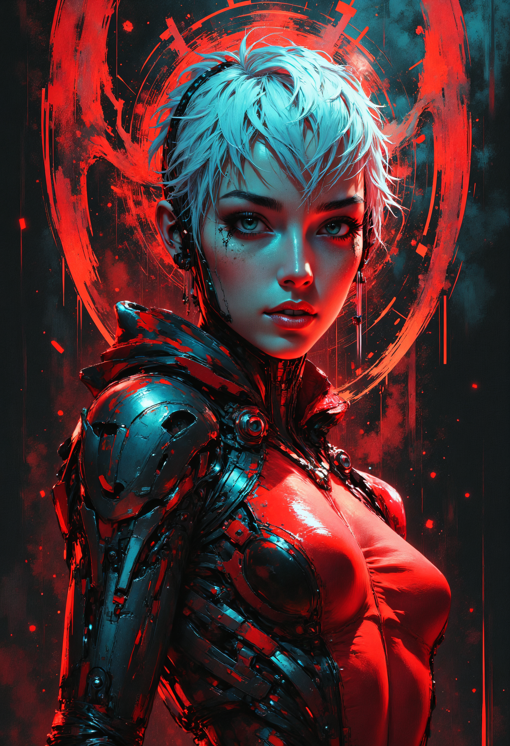 masterpiece, high-quality, A cybernetic woman in sleek red and black armor, her short white hair contrasting sharply with her intense gaze, Her armor is streamlined with metallic accents and a translucent larger image of herself looms behind as if showing her inner power, neon reflections, minimalistic composition, (elaborate fine details:1.1), (hyperdetailed:1.1), (intricate details:1.0), (Refined details:1.1), (best quality:1.1), (high resolution:1.2),