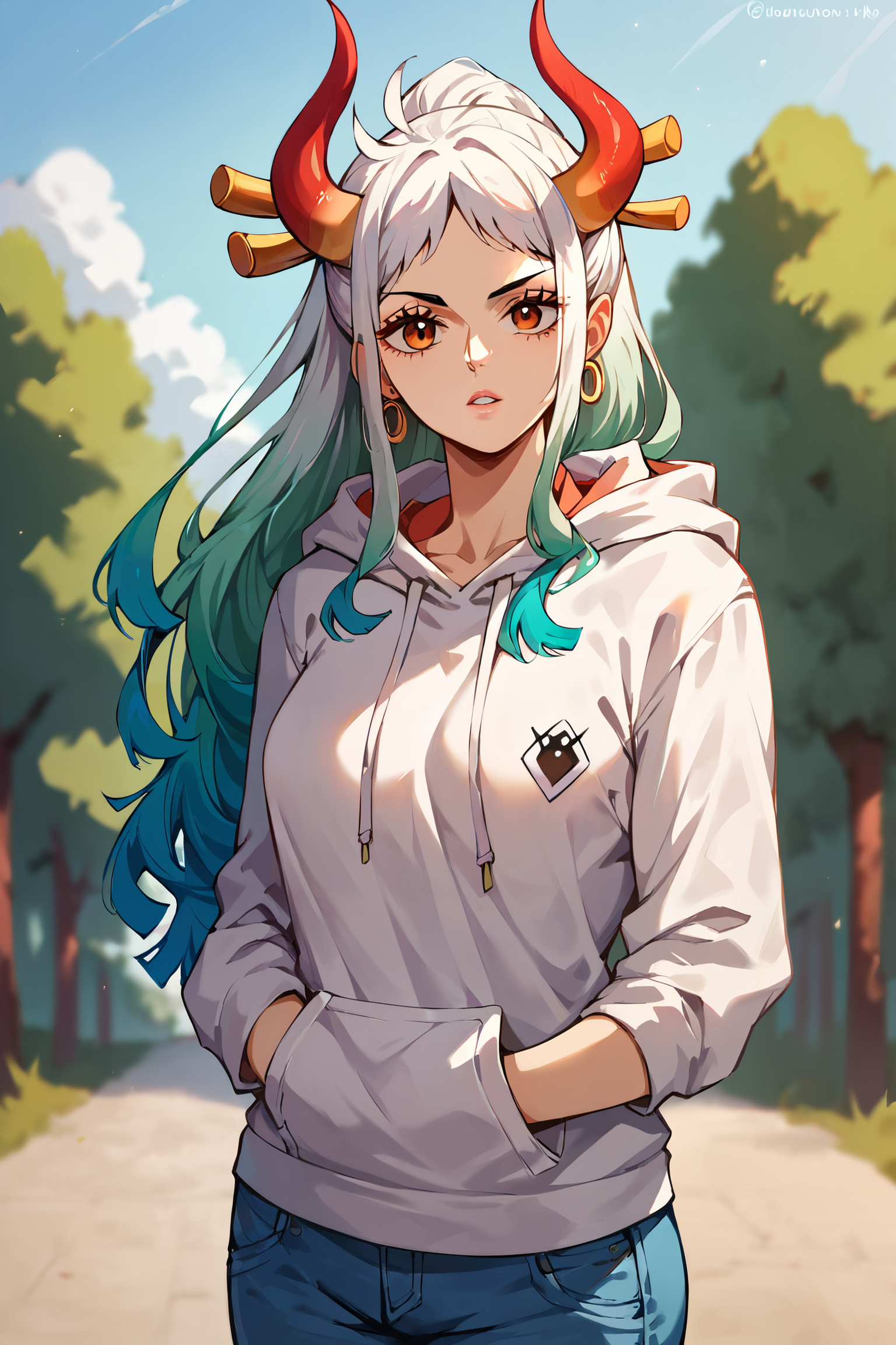 <lora:yamato_OP_XL_v1:0.8>   score_9,score_8_up,score_7_up,score_6_up,yamato \(one piece\), 1girl, solo, long hair,upper body,looking at viewer, parted lips, outdoors,Hoodie and jeans