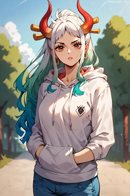 <lora:yamato_OP_XL_v1:0.8> score_9,score_8_up,score_7_up,score_6_up,yamato \(one piece\), 1girl, solo, long hair,upper body,looking at viewer, parted lips, outdoors,Hoodie and jeans
