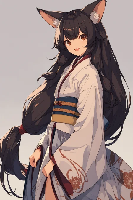 1girl,long hair,solo,tail,animal ears,low-tied long hair,black hair,ainu clothes,smile,open mouth,very long hair,brown eyes,score_8_up,<lora:ç¦è¶_XL_PONY:0.8>,