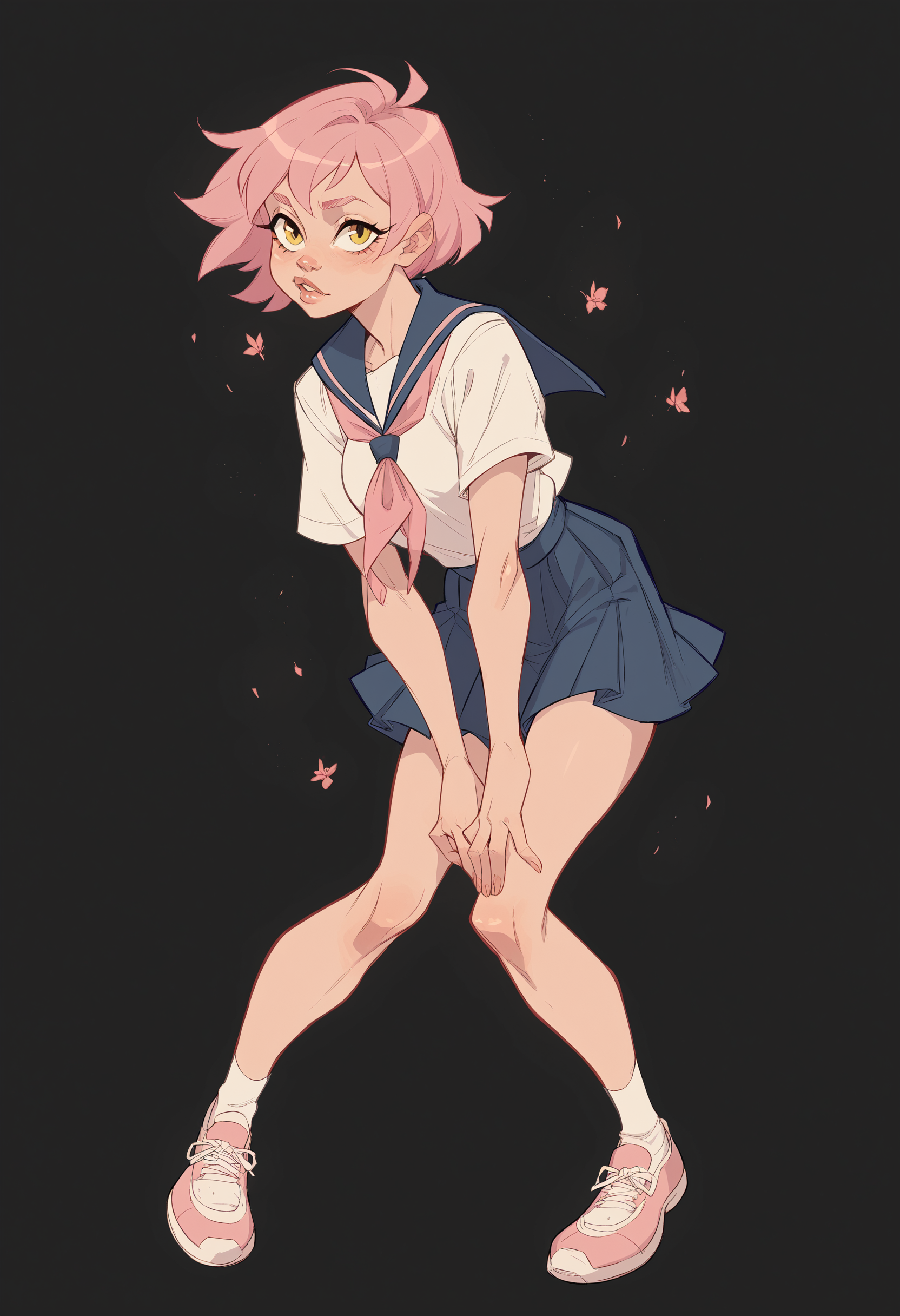 score_9, score_8_up, score_7_up, score_6_up, <lora:tendertroupe_v0.1-pony:1> 
1girl, solo, short hair, pink hair, yellow eyes, full body, school uniform, pose, black background,