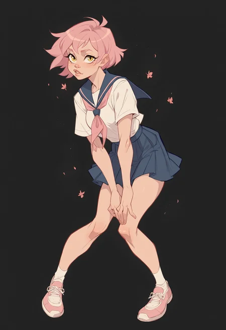 score_9, score_8_up, score_7_up, score_6_up, <lora:tendertroupe_v0.1-pony:1> 
1girl, solo, short hair, pink hair, yellow eyes, full body, school uniform, pose, black background,
