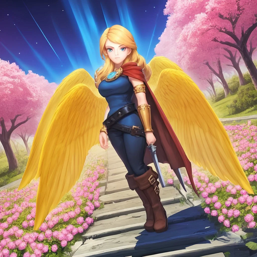 Score_9, Score_8, Score_7up, golden wings, FUSIONOFSTEEL, weapon, belt, blonde hair, solo, Blue Eyes, LordFusion, long hair, boots, cape, 1girl, busty breasts.
BEHAVIOR:
seductive pose, gold armlet, mature female, dutch angle, beautiful face, serious,  arms open, bent forward, portrait, right arm extended forward towards viewer,
BACKGROUND:
cheery tree, city, wooden bridge, pink flowers, gardens, birds. night time, aurora borealis, blue moon