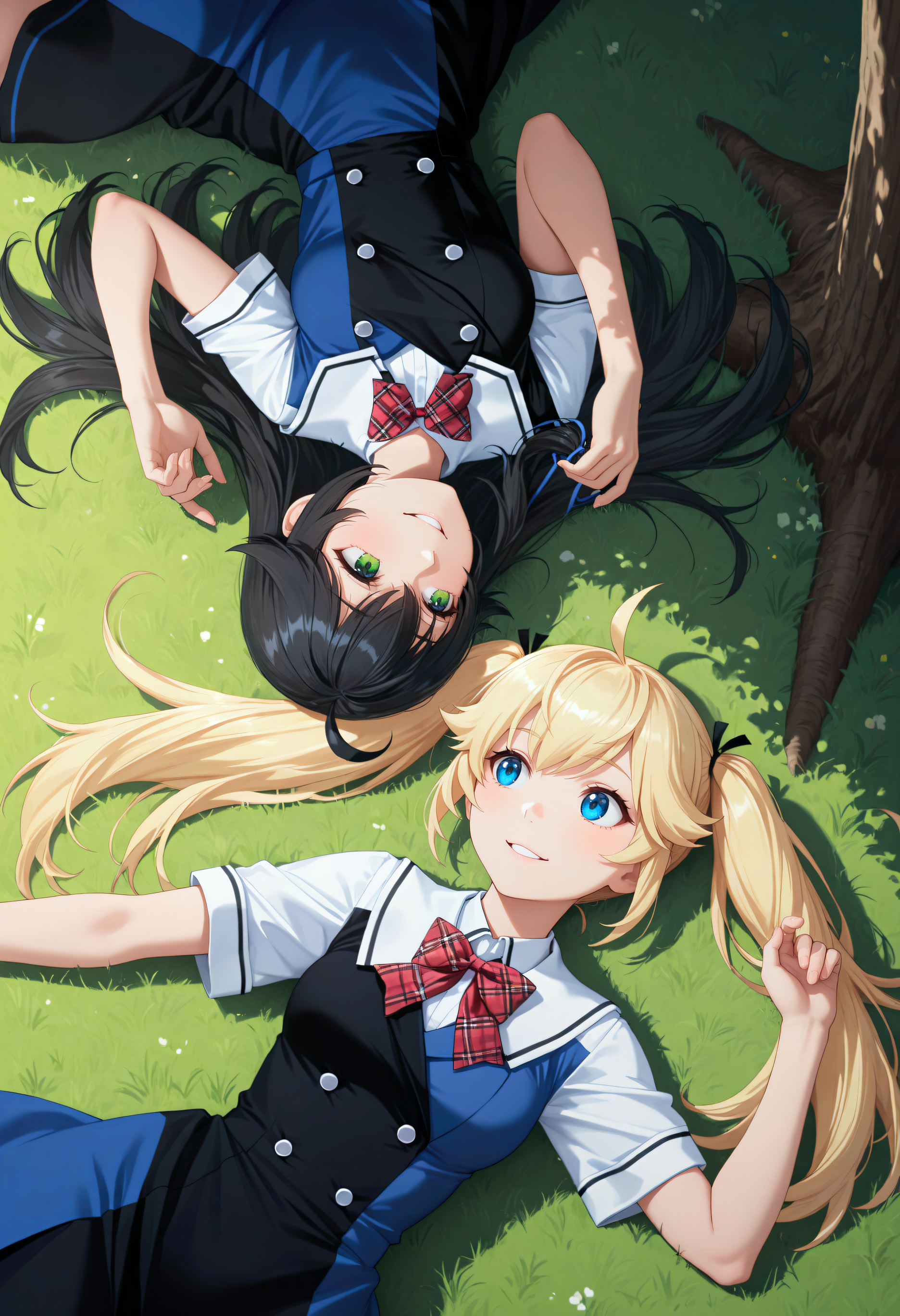2girls, <lora:Char_MatsushimaMichiru:1>, blonde hair, twintails, hair tie, hair flaps, ahoge, blue eyes, long hair, black hair, green eyes,
M1cSch, asymmetrical dress, blue dress, black dress, two-tone dress, double-breasted, buttons, short sleeves, red bowtie, plaid bowtie, white sailor collar, white sleeves,
from above, upper body, on side, grass, tree shade, rotational symmetry, looking at another, smile, parted lips, very awa, masterpiece, best quality, highres, absurdres