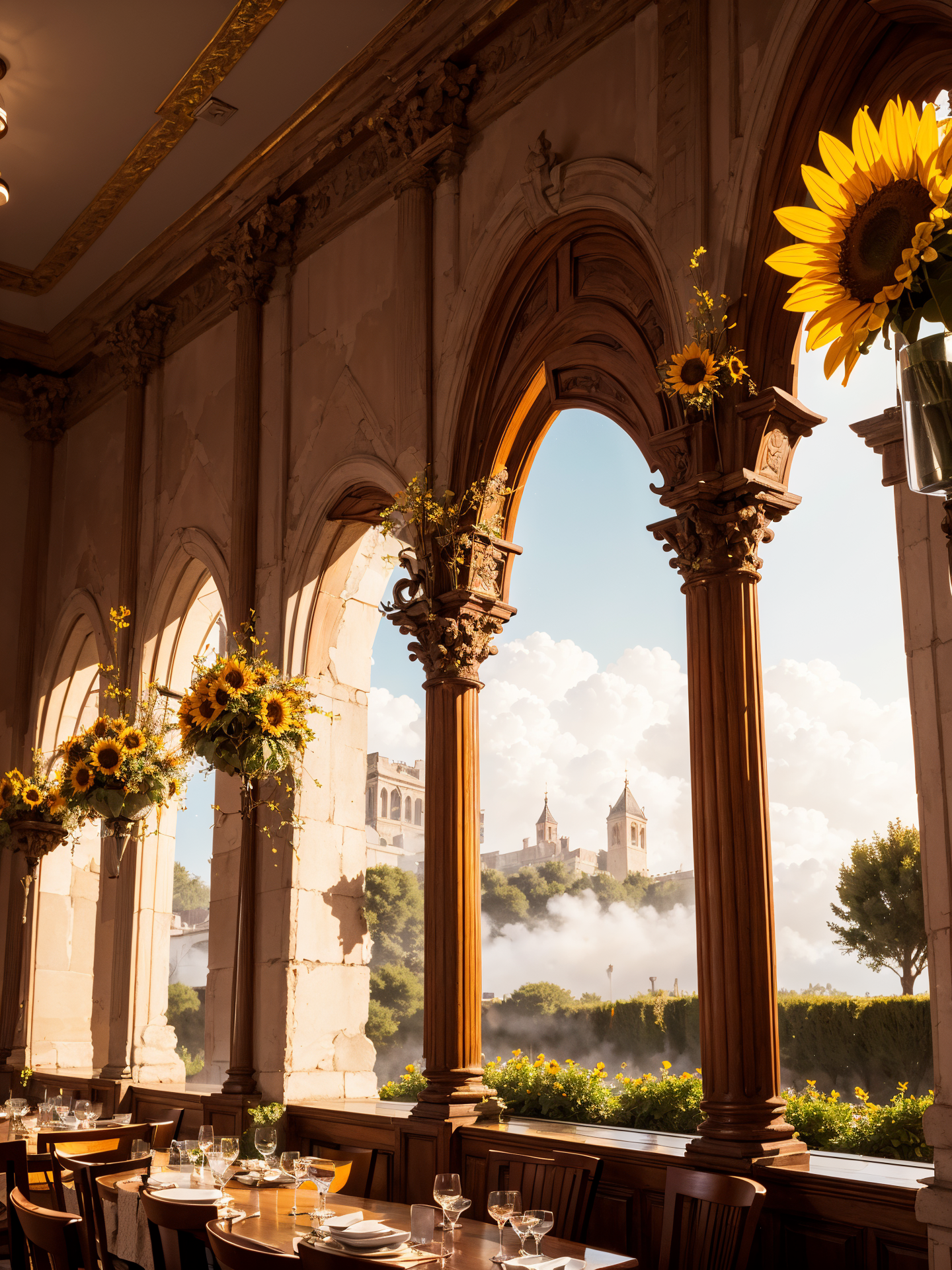 romanticism art by John Ruskin, Papuan Sunflower, Dining room in background, Foggy conditions, Romanesque, UHD, unreal engine, full color, contemporary, cute, beautiful composition, enchanted, complex artistic color composition, best, polished, dynamic dramatic beautiful full taking, magical