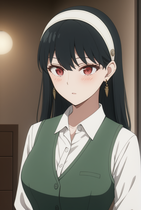 masterpiece, best quality, highres, 4k, 8k, intricate detail, cinematic lighting, amazing quality, amazing shading, soft lighting, Detailed Illustration, anime style,
yorbriar, <lora:yor-briar-s1s2-sdxl-lora-nochekaiser:0.75>,
yor briar, black hair, red eyes, earrings, white hairband, hairband, long hair, sidelocks,
skirt, shirt, long sleeves, white shirt, earrings, collared shirt, vest, green skirt, pencil skirt, office lady, green vest,
indoors, office,
looking at viewer, full body, dynamic pose,