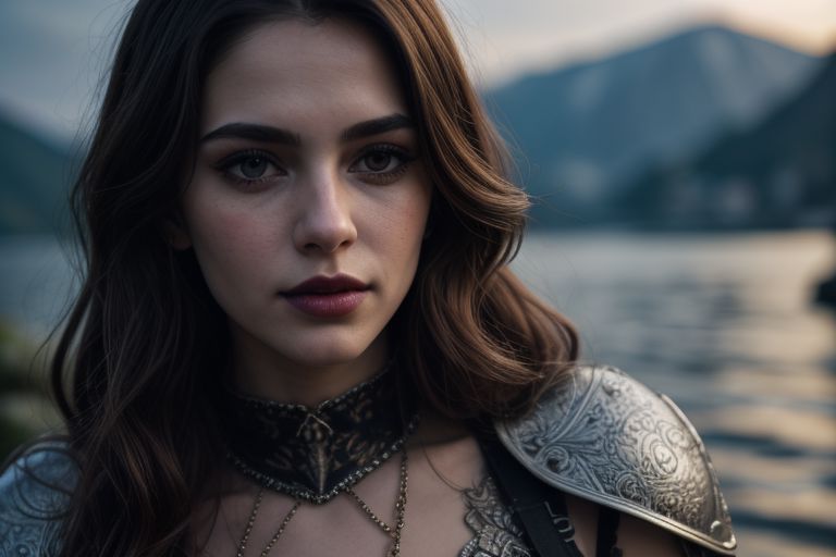 masterpiece, best quality, (colorful), cinematic lighting,  realistic, beautiful young woman with wavy dark hair in full plate armor, full body shot, standing  besides the dark waters of a misty fjord, 
dynamic pose, extremely detailed, beautiful detailed face, medium breasts, braless, no bra, cleavage, nipslip, at dusk, slanted sunrays, pale skin, detailed skin, dark makeup, black mascara, black lipstick, EyeDetail, perfect detailed eyes, long eyelashes, black eyeliner, kawaii makeup , subsurface scattering, remarkable color, ultra realistic, textured skin, remarkable detailed pupils, realistic dull skin noise, visible skin detail, skin fuzz, dry skin, bokeh, sharp focus on subject,