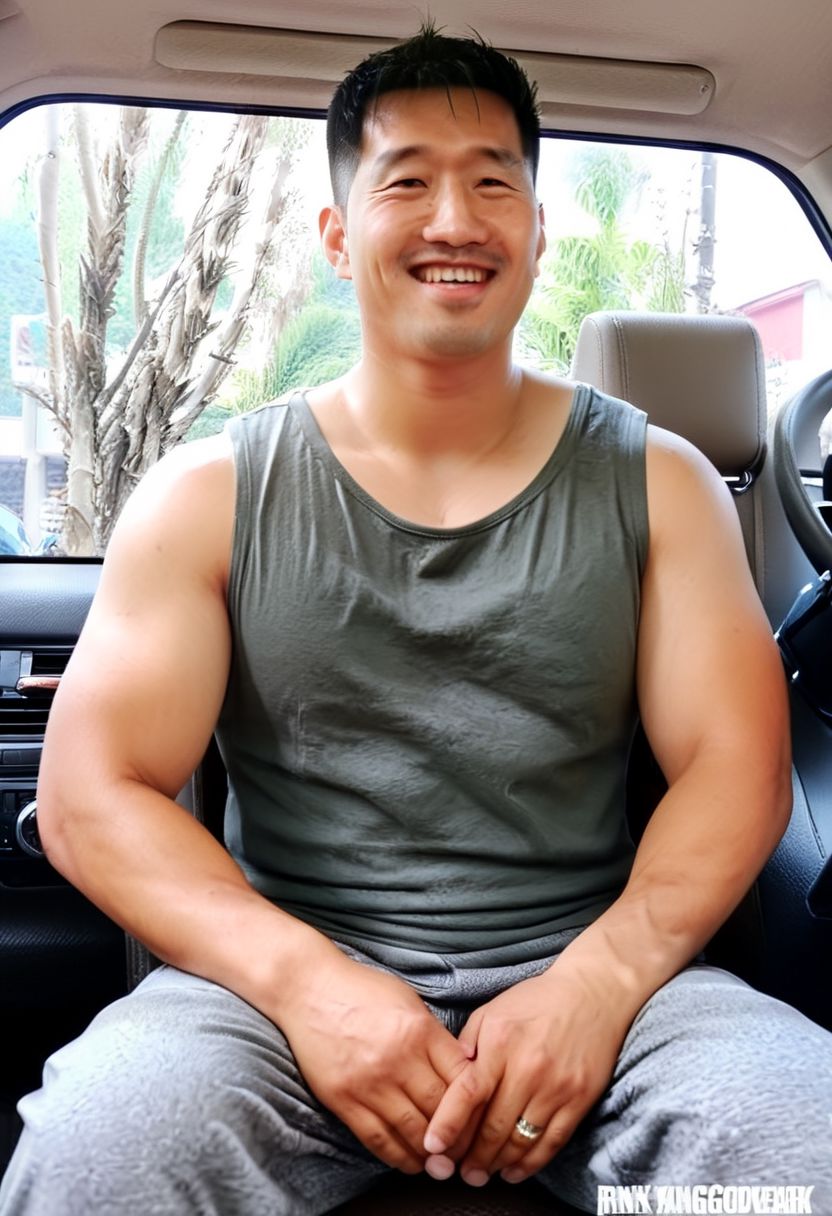 (((htkangface))), daddy,  natural face expression, (((detailed HtKangface))), fixed htKangface Photorealistic, realistic, masterpiece, intricate details, detailed background, depth of field, photo of a handsome, dynamic pose, natural face expression, high detail, high quality, male focus,  ((pants)), (((in car))), ((covered nipples)), ((driving car)), (((daddy smile))), ((sitting)), ((tank top)), ((solo)), arms up, ((ring)), hairy armpits,, ((showing muscles)), showing off, beefy muscle