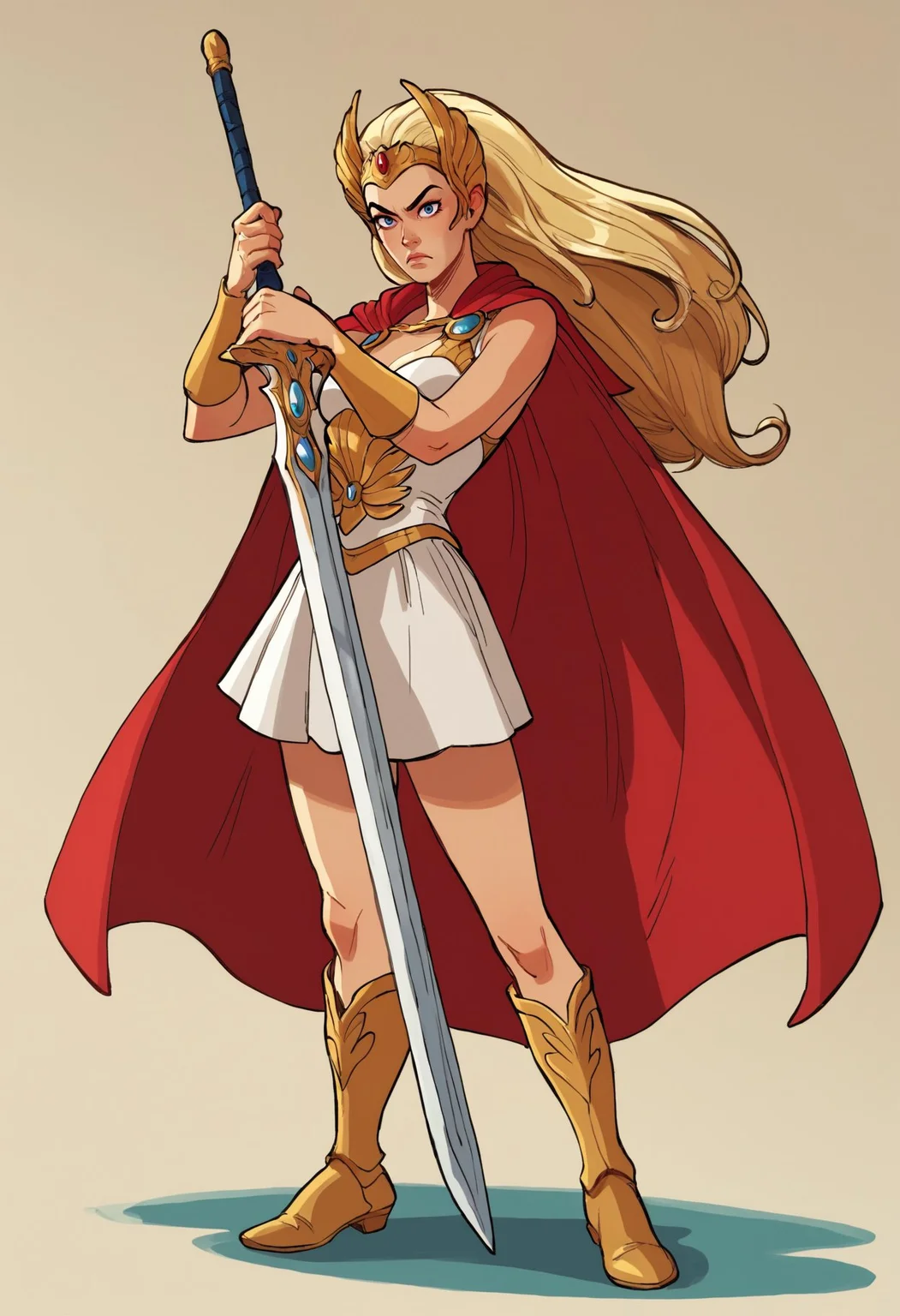 score_9, score_8_up, score_7_up, score_6_up, abarbucci-dh, dynamic angle BREAK, 1girl, solo, sh3ra, blonde hair, blue eyes, golden tiara, white dress, white skirt, golden armour, boots, red cape, broadsword <lora:Artist_Style_-_Alessandro_Barbucci_Ekho_Sky_Doll_PDXL:1> <lora:add-detail-xl:0.5> <lora:She-Ra_Princess_of_Power_1987_-_Pony:0.5>