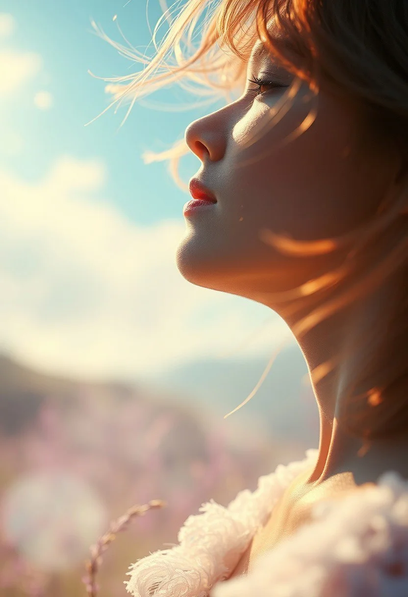 Vibrant surrealism. Medium shot. A person freely enjoying the fresh magical air in a fantastical landscape. Close up. Dreamlike photography with glowing ektar lighting effects. Soft, feathery brushstrokes. Delicate, swirling mist. Pastel colours with a golden glow. Best quality, highly detailed, 8k resolution, vivid digital art with clear and crisp textures, inspired by the works of Syd Mead and Ash Thorp. Breathtakingly cinematic, soaked in atmosphere, fantasy landscape, evocative detail, mystical ambiance.