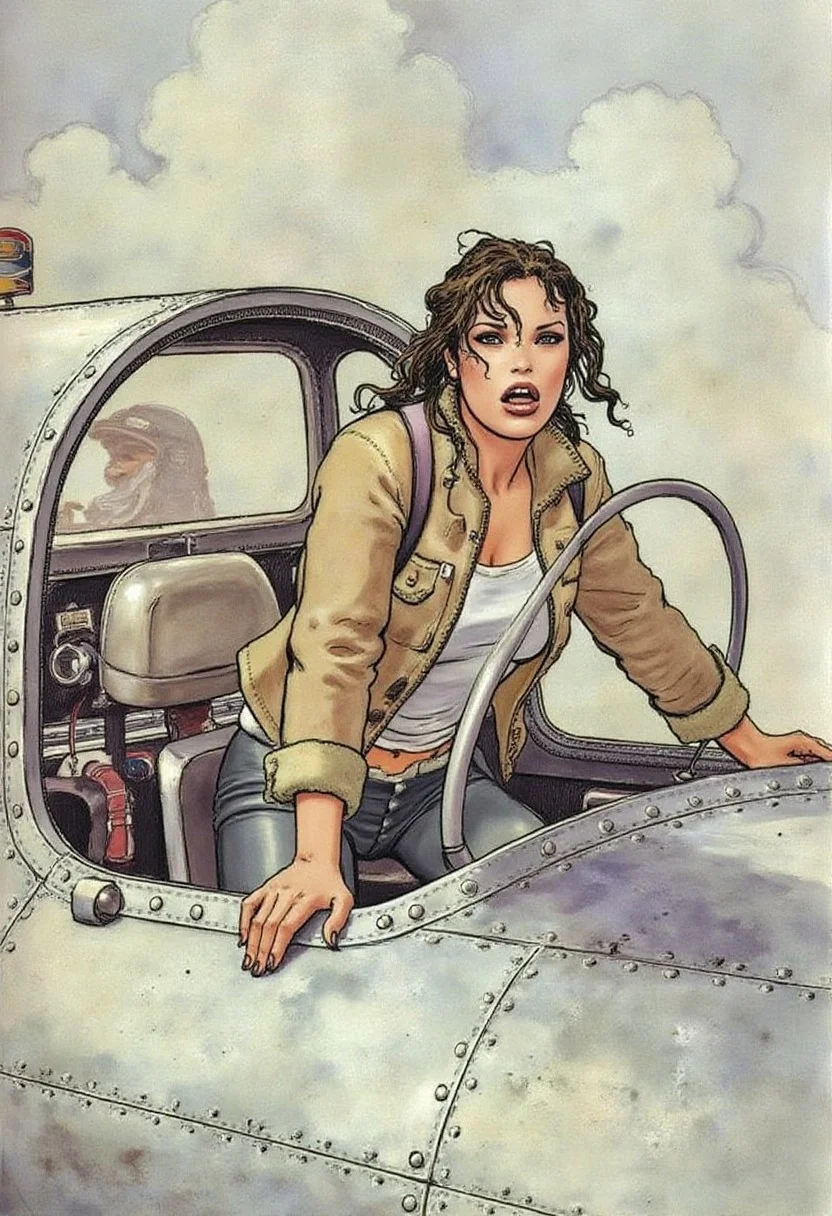 itacomic1 illustration. Lara Croft wearing a fleece bomber jacket entering the cockpit of a WWII airplane with a shocked expression as she sees two empty pilot seats. The shot is from the outside of the cockpit looking in and we see a little of the metal riveted fuselage. High contrast, dynamic composition, gritty and realistic, with a cinematic feel.