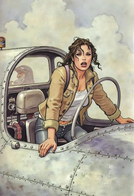 itacomic1 illustration. Lara Croft wearing a fleece bomber jacket entering the cockpit of a WWII airplane with a shocked expression as she sees two empty pilot seats. The shot is from the outside of the cockpit looking in and we see a little of the metal riveted fuselage. High contrast, dynamic composition, gritty and realistic, with a cinematic feel.
