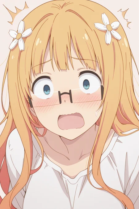 masterpiece, best quality, amazing quality,
<lora:Mitsuki_IL:1> mitsuki, 1girl, glasses, solo, open mouth, hair ornament, blush, blonde hair, long hair, wide open eyes, shocked, simple background,