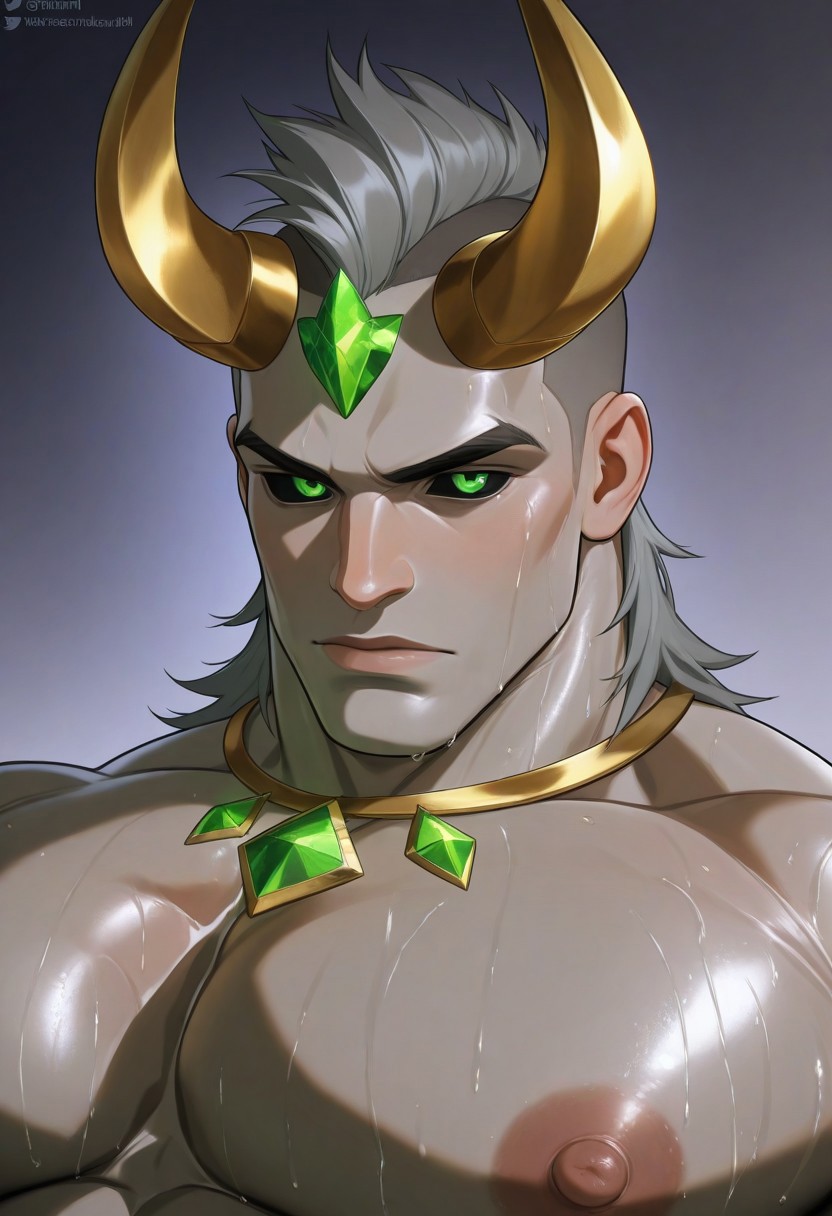 masterpiece, best quality, amazing quality, very aesthetic, absurdres, newest, detailed background, 1boy, solo, masculine, grey skin, grey horns on head, mullet, mohawk, short hair, sweaty, undercut, black sclera, green eyes, (grey hair), portrait, big pecs, broad shoulders, qunari, gold jewelry, gold horn cuff, green crystal horn,