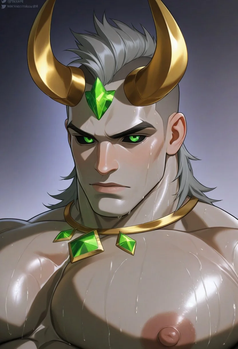 masterpiece, best quality, amazing quality, very aesthetic, absurdres, newest, detailed background, 1boy, solo, masculine, grey skin, grey horns on head, mullet, mohawk, short hair, sweaty, undercut, black sclera, green eyes, (grey hair), portrait, big pecs, broad shoulders, qunari, gold jewelry, gold horn cuff, green crystal horn,