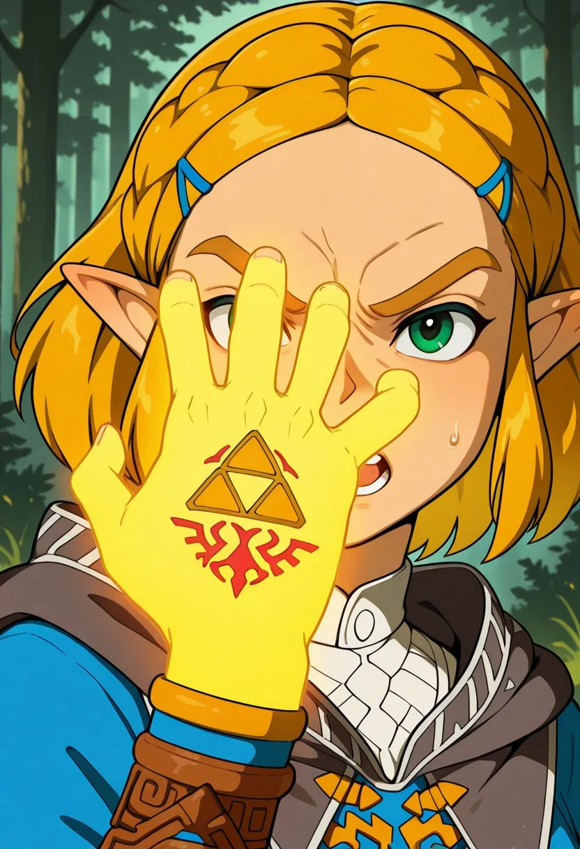 masterpiece, best quality, amazing quality BREAK zelda1x, blue tunic, shyai_fin, hand up, glowing hand, triforce hand tattoo, open mouth, forest, close up, angry, <lora:Zelda:1>