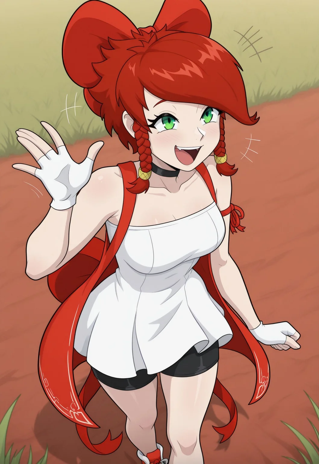 masterpiece, best quality, newest, absurdres, highres, Scarlet-Utopus, red hair, green eyes, braid, spikey hair,  bow, hair bow, red bow, bare shoulders. white gloves, fingerless gloves, white dress, red overcoat, black shorts, red and white shoes, solo, alone, outside, grass field, happy, open mouth, laughing, standing, waving hello,