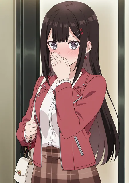 detailed background, official style,anime coloring, (anime screencap) masterpiece, detailed face,1girl <lora:Rion_Enomoto:0.8>Rion, hair ornament, long hair, straight hair, blush, solo, jacket, hairclip, dark brown hair, skirt, bag, covering mouth with handbag, brown skirt, plaid skirt, red jacket, looking at viewer, shirt, grey eyes, jewelry, bangs, white shirt, handbag,