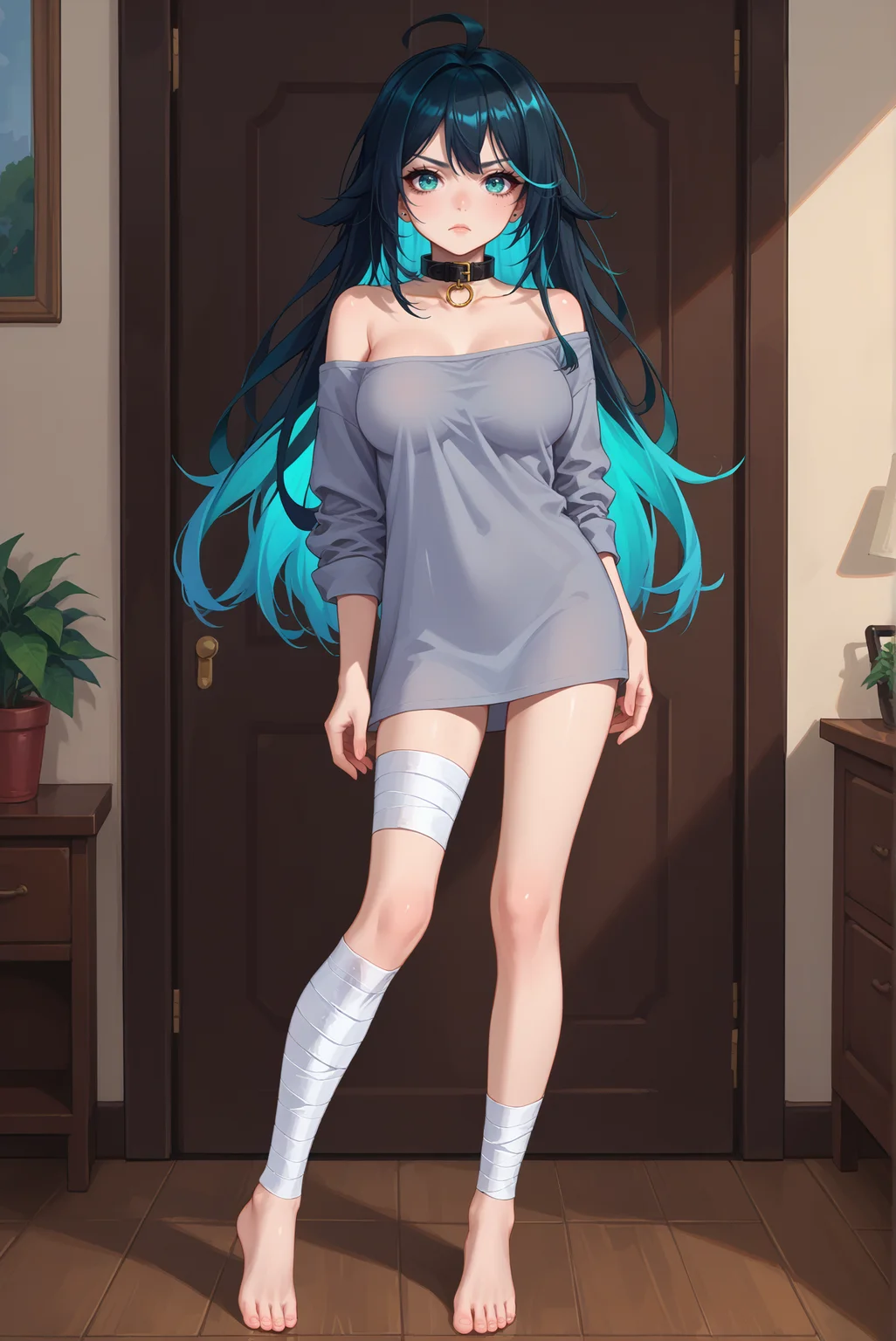 score_9, score_8_up, score_7_up, score_6_up, source_anime, 1girl, (large breasts:1.4), solo, gakuenw3ndy, <lora:WendyGakuen2-PDXL-V1:1>
BREAK (colored inner hair, black hair, aqua hair, very long hair),
BREAK (grey shirt, bandages, bandaged leg, no pants, off shoulder, collar:1.4),
BREAK (looking at viewer, full body, serious, aqua eyes, standing:1.2), indoors