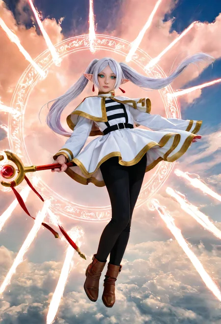 from front, 1girl,aegyo sal,tareme,makeup,(sousou no frieren,frieren:0.85),long eyelashes,eyelashes,thick eyelashes,twintails,eyeliner, (weapon formation:1.4), (floating weapon:1.2), floating energy sword, floating object,multiple weapons,
full body,closed mouth,lips, nose,red earrings,floating hair,floating ,wind,(floating skirt,skirt lift),
black leggings,boots,elf,full body,gold trim,green eyes,leggings,long hair,pointy ears, white capelet, long sleeves,solo,(twintails),white hair, looking at viewer and facing viewer ,kirt, weapon,(casting spell:1.2),Holding mage staff, fingernails, nail polish,
(flying,suspenders,floating),Glowing weapons,(energy sword:1.2),magic circle,standing on magic circle,
(realistic,photorealistic:1.2),(masterpiece,best quality,newest,highres,absurdres:1),photo, cosplay photo,photo \(medium\),<lora:il_brightness_slider_d1:-1>,(sky,flying,cloud:1.2) <lora:floating weapon-noob-V1:0.8>, <lora:cosplay photo-noob-V3:0.3>