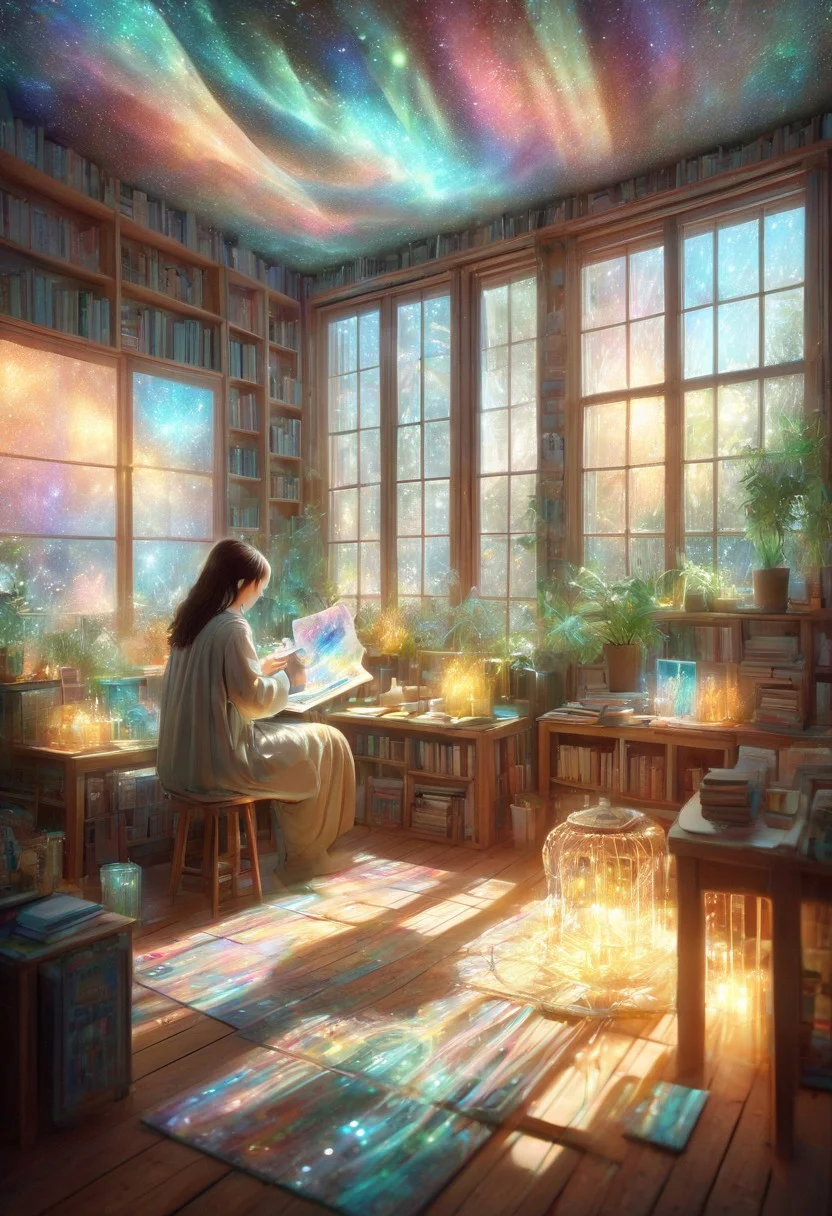 A stunning 3D anime-style digital painting of a young artist sitting peacefully in a sun-dappled room, surrounded by art supplies, sketchbooks, and floating color palettes. The character has soft windswept hair, expressive eyes filled with wonder and is calmly sketching on a large canvas with a pencil or brush in hand. Gentle rays of golden sunlight pour in from a tall window, casting volumetric light and soft shadows across the wooden floor. Papers with magical glowing sketches flutter gently in the air around them. The room is filled with plants, easels, and watercolor trays, blending creativity and fantasy. The mood is calm, inspired, and deeply immersive. Makoto Shinkai-inspired lighting, ultra-detailed textures, magical realism, intricate eyes, clean anime line art, soft warm tones, cinematic composition, highly realistic ambient glow.