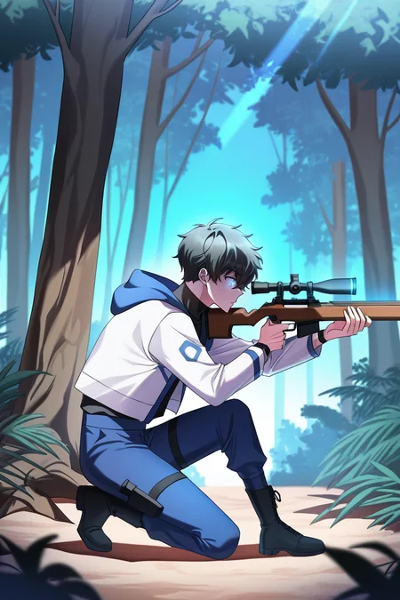 masterpiece, best quality, amazing quality, very aesthetic, high resolution, ultra-detailed, absurdres, newest, scenery, volumetric lighting, depth of field,anime screencap, , , 1boy, solo, male focus, <lora:kim_hajin:1>,kim hajin, black hair,blue eyes,glowing eyes,short hair,long sleeves, holding, full body, weapon,black shirt,turtleneck,blue hoodie,white jacket, boots, blue pants, black footwear, holding weapon, tree, gun, holding gun, rifle, blue pants, on one knee, sniper rifle, aiming, scope,from side,jungle